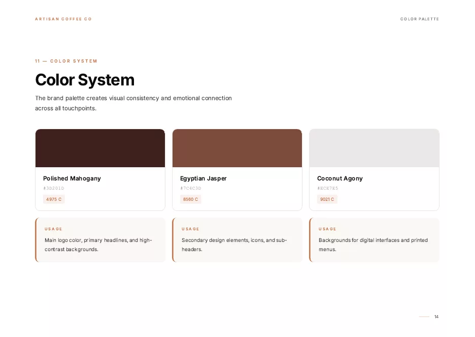 Exemplu ghid de brand - pagina sistem de culori cu coduri Pantone